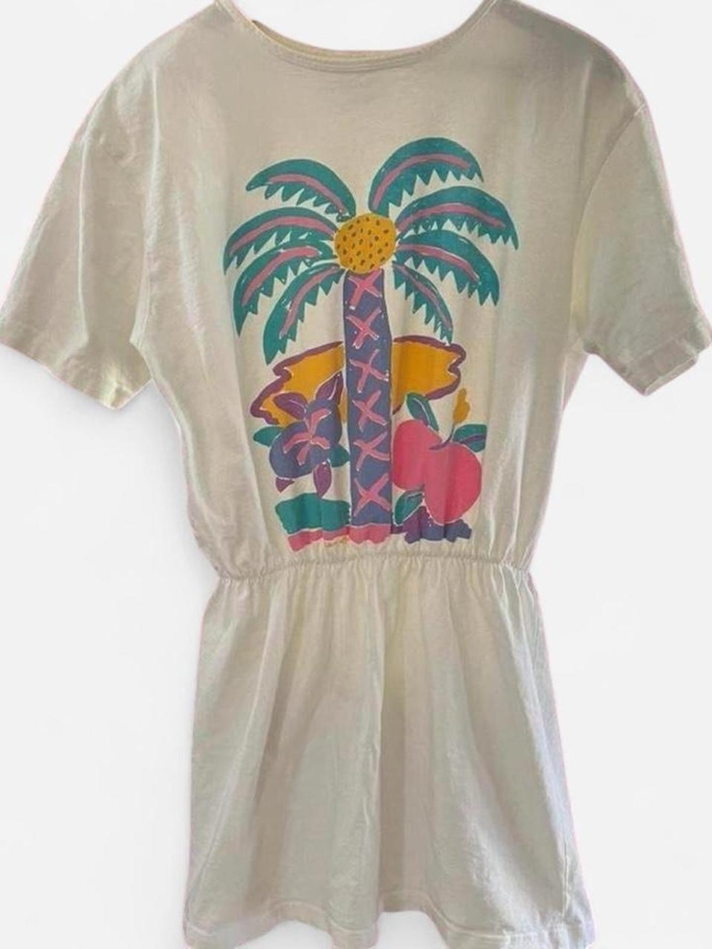 Vintage Ken Done Artwear Palm Tree Graphic White Beach Dress 80s Small